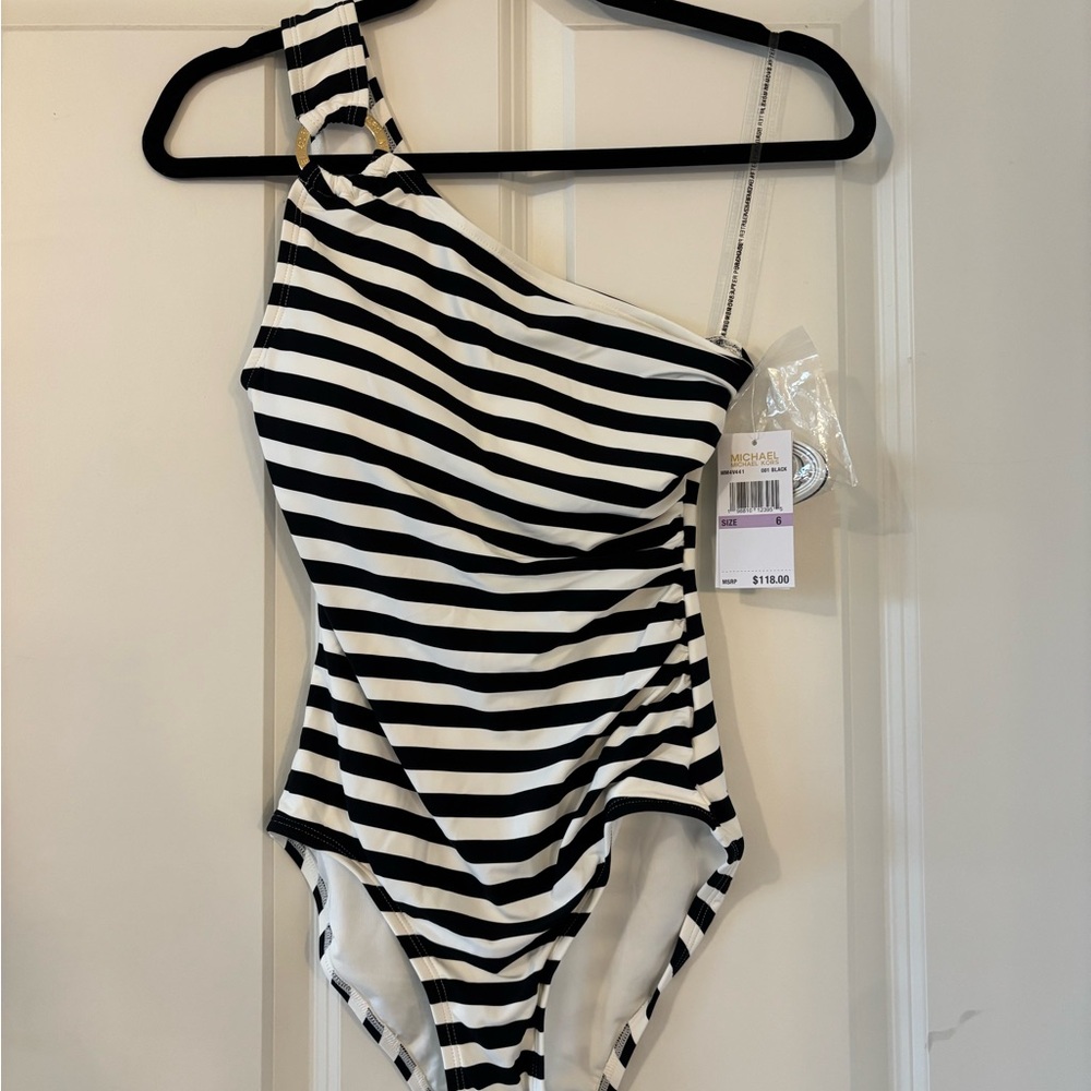 Michael Kors Black and White Striped Swimsuit